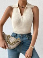 Novastelix Summer V-Neck Ribbed Knit Crop Top - Sleeveless Turndown Collar in 10 Colors - Image 2