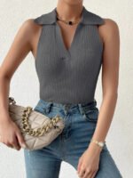 Novastelix Summer V-Neck Ribbed Knit Crop Top - Sleeveless Turndown Collar in 10 Colors - Image 7