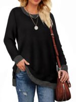 Novastelix Chic Color Block Long Sleeve Sweatshirt with Side Split for Women - Image 2