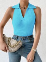 Novastelix Summer V-Neck Ribbed Knit Crop Top - Sleeveless Turndown Collar in 10 Colors