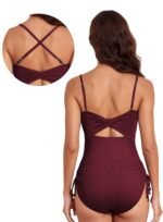 Novastelix Stylish Women's Tummy Control One Piece Swimsuit - Ribbed Drawstring Bathing Suit with Ruched Square Neck in Brown, Size 2XL - Image 4