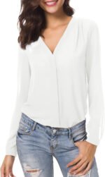 Novastelix Chic Women's V-Neck Ruffled Shoulder Chiffon Blouse - Stylish Button-Down for Business & Casual Wear