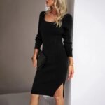 Novastelix Elegant Ribbed Midi Dress with Side Slit