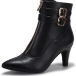 Novastelix Chic Women's Kitten Heel Ankle Booties with Pointed Toe, Stylish Metal Buckle, Dual Straps, and Convenient Side Zipper