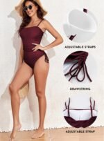 Novastelix Stylish Women's Tummy Control One Piece Swimsuit - Ribbed Drawstring Bathing Suit with Ruched Square Neck in Brown, Size 2XL - Image 3