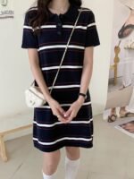 Novastelix Women's Long T-Shirt Summer 100% Cotton Striped Short Sleeve Pullover Knit POLO Neck Ladies Dress Tops Loose Fashion Tees Skirt - Image 7