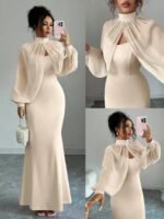 Novastelix Elegant Pink Mermaid Gown with Beaded Sheer Capelet, Bodycon Slip Dress Set - Image 13