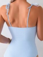 Novastelix Women's One-Piece Swimsuit, Fresh and Simple Striped Digital Print, Ruffled Edges, Cute, Elegant, Sexy Beach Vacation Swimwear, Strapless Tie-Up, Tummy-Covering - Image 5