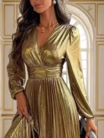 Novastelix Wedding Prom Party Elegant Long Dresses Women Pleated V-Neck Dresses 2025 Spring Autumn Long Sleeves Gown Gold Holiday Dress - Image 3