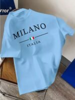 Novastelix Men's 100% pure cotton fashionable casual loose Italian style Milan letter printed round neck short sleeved T-shirt top - Image 9
