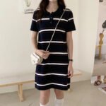 Novastelix Women's Long T-Shirt Summer 100% Cotton Striped Short Sleeve Pullover Knit POLO Neck Ladies Dress Tops Loose Fashion Tees Skirt - Image 5