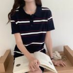 Novastelix Women's Long T-Shirt Summer 100% Cotton Striped Short Sleeve Pullover Knit POLO Neck Ladies Dress Tops Loose Fashion Tees Skirt - Image 6