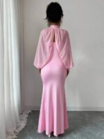 Novastelix Elegant Pink Mermaid Gown with Beaded Sheer Capelet, Bodycon Slip Dress Set - Image 5