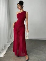 Novastelix Women's One-Shoulder Ruched Burgundy Maxi Dress for Evening Party - Image 5