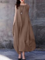 Novastelix ZANZEA 2024 Fashion Summer Dress Women Holiday Oversized Maxi Dresses Casual Loose Solid Cotton Vestidos Sleeveless O Neck Robe - Image 9