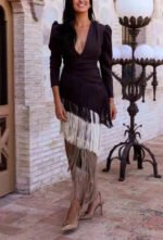 Novastelix Autumn Long Sleeve Spliced Tassel Party Dresses Woman Elegant Deep V Neck Sheath Long Dress Fashion Deep V Neck Holiday Dress - Image 7