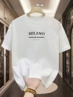Novastelix Men's 100% pure cotton fashionable casual loose Italian style Milan letter printed round neck short sleeved T-shirt top - Image 4