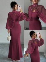 Novastelix Elegant Pink Mermaid Gown with Beaded Sheer Capelet, Bodycon Slip Dress Set - Image 15