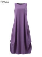 Novastelix ZANZEA 2024 Fashion Summer Dress Women Holiday Oversized Maxi Dresses Casual Loose Solid Cotton Vestidos Sleeveless O Neck Robe - Image 4
