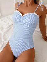 Novastelix Women's One-Piece Swimsuit, Fresh and Simple Striped Digital Print, Ruffled Edges, Cute, Elegant, Sexy Beach Vacation Swimwear, Strapless Tie-Up, Tummy-Covering