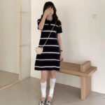 Novastelix Women's Long T-Shirt Summer 100% Cotton Striped Short Sleeve Pullover Knit POLO Neck Ladies Dress Tops Loose Fashion Tees Skirt - Image 3