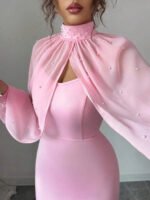 Novastelix Elegant Pink Mermaid Gown with Beaded Sheer Capelet, Bodycon Slip Dress Set