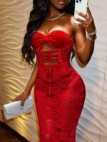 Novastelix Red Strapless Lace Maxi Dress with Corset Back and Fishtail Hem - Image 3