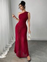 Novastelix Women's One-Shoulder Ruched Burgundy Maxi Dress for Evening Party - Image 3