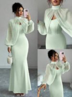 Novastelix Elegant Pink Mermaid Gown with Beaded Sheer Capelet, Bodycon Slip Dress Set - Image 12