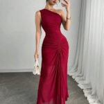 Novastelix Women's One-Shoulder Ruched Burgundy Maxi Dress for Evening Party