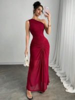 Novastelix Women's One-Shoulder Ruched Burgundy Maxi Dress for Evening Party