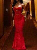 Novastelix Red Strapless Lace Maxi Dress with Corset Back and Fishtail Hem