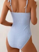 Novastelix Women's One-Piece Swimsuit, Fresh and Simple Striped Digital Print, Ruffled Edges, Cute, Elegant, Sexy Beach Vacation Swimwear, Strapless Tie-Up, Tummy-Covering - Image 3