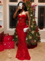 Novastelix Red Strapless Lace Maxi Dress with Corset Back and Fishtail Hem - Image 4