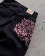 Novastelix Vintage Low Waist Hip Hop Cherry Blossom Embroidered Jeans  Wide Leg Trousers Y2K Clothes Mens Womes Embroidered Baggy Jeans - Image 2