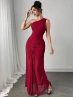 Novastelix Women's One-Shoulder Ruched Burgundy Maxi Dress for Evening Party - Image 6