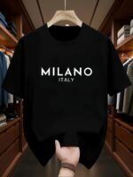 Novastelix Men's 100% pure cotton fashionable casual loose Italian style Milan letter printed round neck short sleeved T-shirt top - Image 14