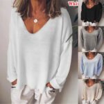 Novastelix Fashion Summer New Women T-Shirt Solid Color Casual Versatile  Loose Tops V-Neck Blouses Long Sleeve Shirt Perspective Y2K Tops