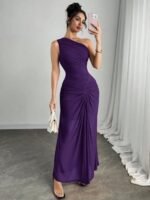 Novastelix Women's One-Shoulder Ruched Burgundy Maxi Dress for Evening Party - Image 8