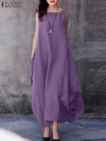 Novastelix ZANZEA 2024 Fashion Summer Dress Women Holiday Oversized Maxi Dresses Casual Loose Solid Cotton Vestidos Sleeveless O Neck Robe