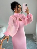Novastelix Elegant Pink Mermaid Gown with Beaded Sheer Capelet, Bodycon Slip Dress Set - Image 6