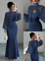 Novastelix Elegant Pink Mermaid Gown with Beaded Sheer Capelet, Bodycon Slip Dress Set - Image 9