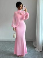 Novastelix Elegant Pink Mermaid Gown with Beaded Sheer Capelet, Bodycon Slip Dress Set - Image 7