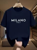 Novastelix Men's 100% pure cotton fashionable casual loose Italian style Milan letter printed round neck short sleeved T-shirt top - Image 8