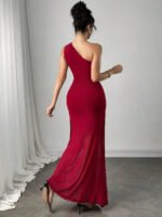 Novastelix Women's One-Shoulder Ruched Burgundy Maxi Dress for Evening Party - Image 2
