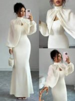 Novastelix Elegant Pink Mermaid Gown with Beaded Sheer Capelet, Bodycon Slip Dress Set - Image 10