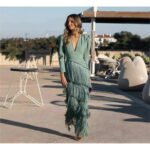 Novastelix Autumn Long Sleeve Spliced Tassel Party Dresses Woman Elegant Deep V Neck Sheath Long Dress Fashion Deep V Neck Holiday Dress - Image 5