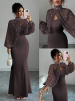 Novastelix Elegant Pink Mermaid Gown with Beaded Sheer Capelet, Bodycon Slip Dress Set - Image 11