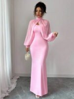 Novastelix Elegant Pink Mermaid Gown with Beaded Sheer Capelet, Bodycon Slip Dress Set - Image 3