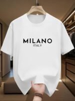 Novastelix Men's 100% pure cotton fashionable casual loose Italian style Milan letter printed round neck short sleeved T-shirt top - Image 7